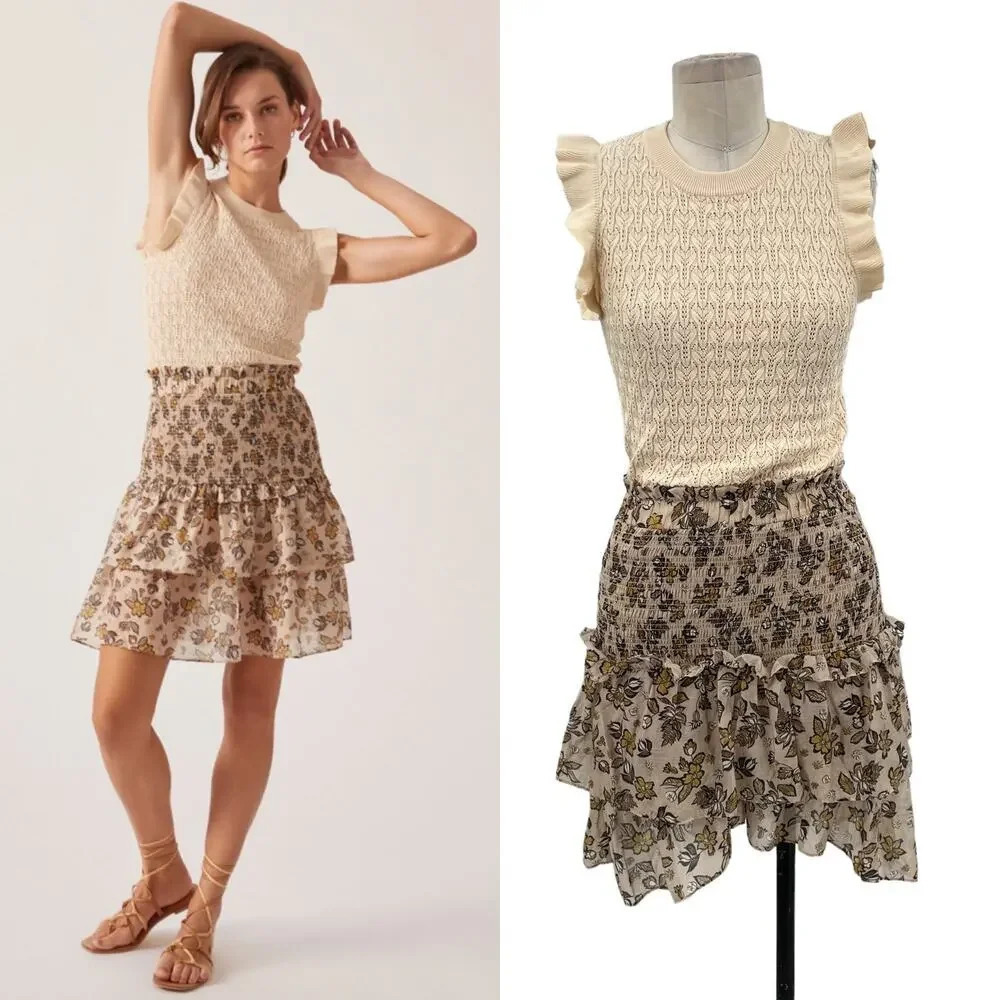 Anthropologie Current Air Dress Mini Sweater Ruffle Crewneck Beige Size Small